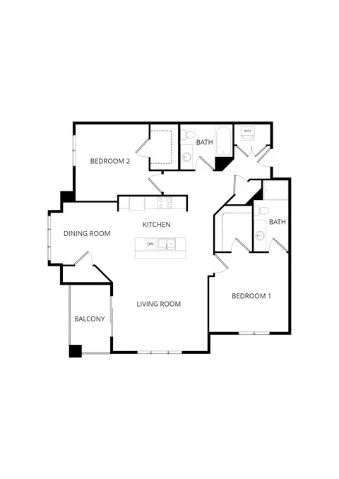 Floor plan for 2 beds, 2 baths, 1212 sqft